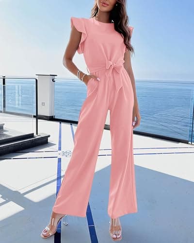 BTFBM Jumpsuits For Women 2026 Crew Neck Dressy Cap Sleeve Belted High Waist Wide Leg Romper One Piece Casual Outfits Pockets(Pink, Medium) - Thumbnail 2