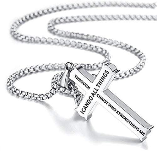 Rehoboth Stainless Steel Bible Verse Cross Pendant Necklaces for Men Women Philippians 4:13 Strength Bible Verse I CAN DO ALL THINGS 24 Chain Inch Silver - Thumbnail 2