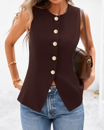 BTFBM Summer Sleeveless Blazer Vest For Women Dressy Button Down Round Neck Business Casual Outfits Work Suit Vests Tops(Brown, X-Large) - Thumbnail 5