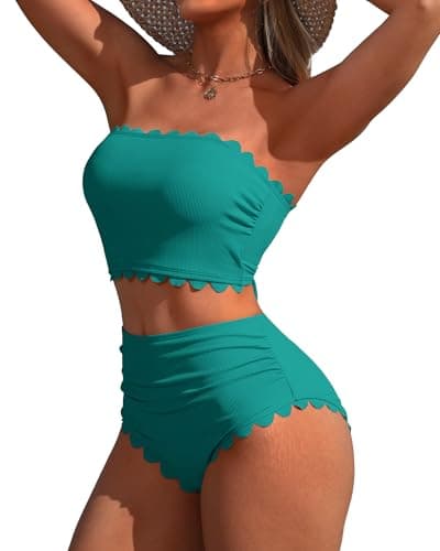 Charmo Scalloped Womens High Waisted Bikini Swimsuit Tummy Control Strapless Cute Bathing Suit Full Coverage Bikinis Green L - Image 1