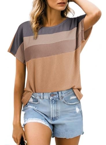 Dokotoo Trendy Tops for Women 2026 Color Block T Shirts Casual Lightweight Short Sleeve Ribbed Knit Tops Loose Fit Cute Summer Top Honey Gold X-Large - Image 1