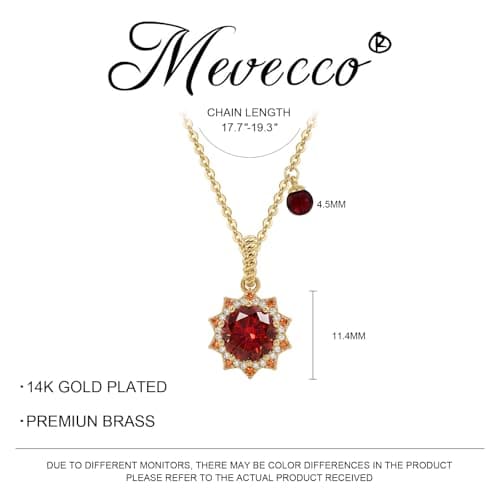 MEVECCO Radiant Sun Necklaces for Women, 14K Gold Plated Cubic Zirconia Detachable Birthstone Pendant Charm Jewelry Deep Red - Thumbnail 4
