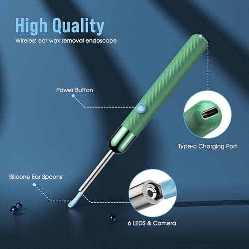 LEIPUT Ear Wax Removal - Earwax Remover Tool with 8 Pcs Ear Set - Ear Canal Cleaner with 1080P Camera - Ear Cleaning Kit with 6 Ear Spoon - Ear Camera for iOS & Android (Green) - Thumbnail 3