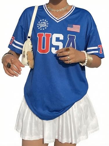 MYHALF 250th Anniversary USA Jerseys for Women - 4th of July Shirts American Flag Graphic Tee Patriotic Baseball Outfits - Image 1