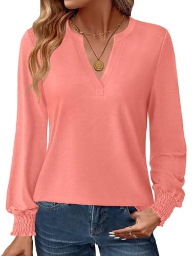 GKBK Womens Long Sleeve Shirts Fall Tops V Neck Business Dressy Casual Blouses with Smocked Cuffs Coral - Image 1