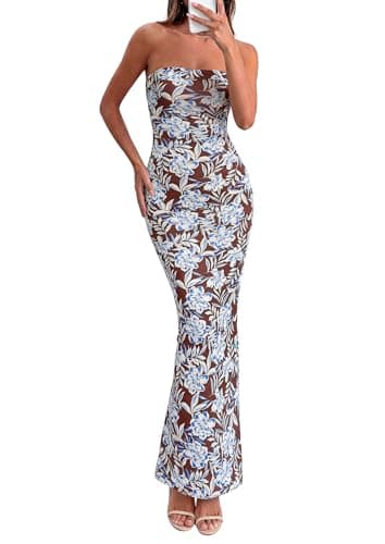 PRETTYGARDEN Bodycon Long Dresses for Women 2026 Strapless Tube Summer Floral Maxi Dress Sleeveless Back Slit Beach Outfits (Floral Brown,XX-Large) - Image 1