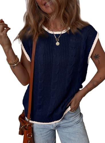 Dokotoo Summer Outfits for Women Round Neck Cap Sleeve Color Block Cable Knit Tank Top for Women Sweater Vest Women Navy Blue X Large - Image 1