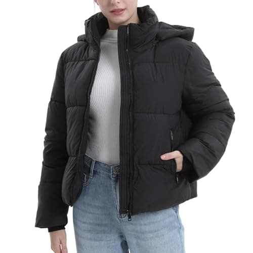 PUFFIT Women's Cropped Puffer Jackets,Warm Winter Jacket with Removable Hood,Zipped Pockets,Short Ladies Quilted Coat - Image 1