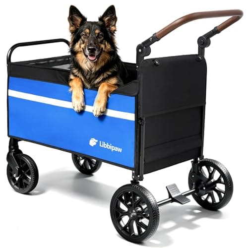 Libbipaw Dog Wagon for Medium & Large Dogs, Foldable All-Terrain Dog Stroller Wagon with Ramp, Adjustable Handle, One-Step Brake, Heavy Duty Pet Wagon (Blue)