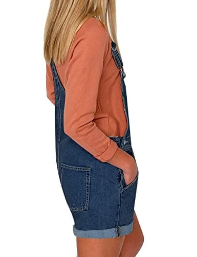 Vetinee Women's Deep Blue Classic Adjustable Straps Cuffed Hem Denim Bib Overall Shorts Small - Thumbnail 3