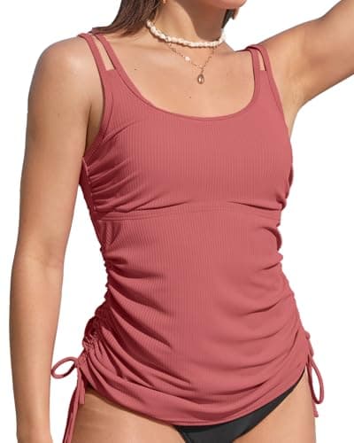 ANFILIA Modest Swimsuits for Women Tummy Control Ladies Swim Tops Ruched Tie-Side Tankini Coral Pink - Image 1
