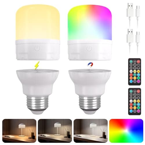 2-Pack Rechargeable Magnetic LED Light Bulb, E26 RGB Color Changing Bulb with Remote, 3 Color Temperatures Dimmable, 2000mAh Battery Operated with Timer, IP44 Waterproof for Sconces, Lamps, Camping - Image 1