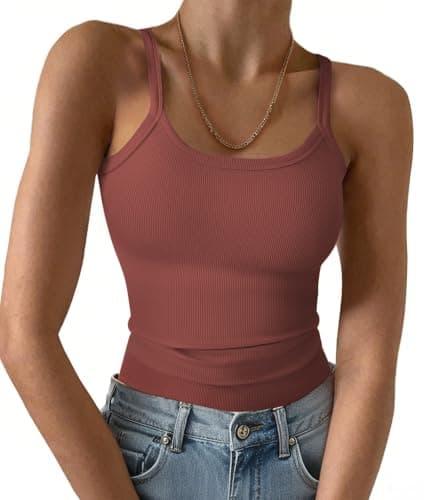 GKBK Women's Tank Tops 2026 Spaghetti Strap Ribbed Knit Scoop Neck Sleeveless Shirts Summer Casual Basic Tanks Brick Red M - Image 1
