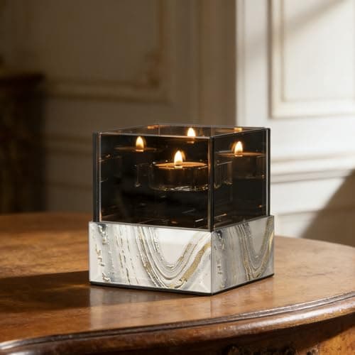 Crystal Glass Candle Holder Suqare with Marble Pattern-Tealight and Votive Candles Holders Centerpiece Table Decorations for Home Décor, Dining Room, Kitchen, Patio (White) - Image 1