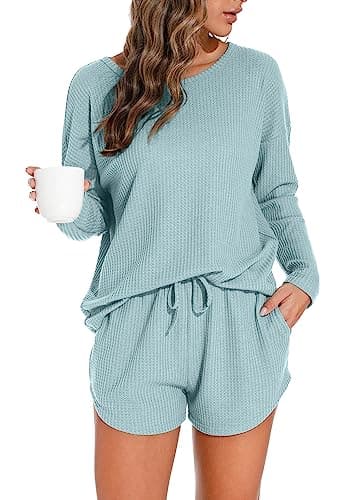 PrinStory Pajamas Set for Women Waffle Knit Lounge Set 2 Piece Outfits Loungewear Sweatsuit with Pockets Blue Green - Image 1
