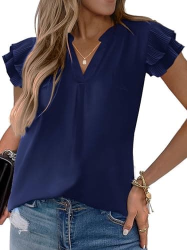 Sucolan Womens Summer Tops 2025 Sexy V Neck Cute Ruffled Sleeve Shirts Womens Blouses Dressy Casual Navy Blue L - Image 1