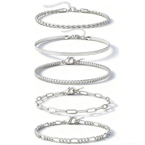 Alegend Bracelet Set 14K Silver Plated Multiple Classic Chain Types Paperclip, Twisted,Cuban,Snake Bone,O-Chain Lobster Clasp Adjustable Extender - Image 1