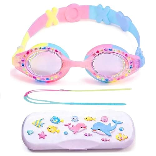 YUENREE Kids Swim Goggles for Girls Ages 4-12 | Rainbow Bling Rhinestone Pink | No Leak Anti-Fog UV Protection | with Premium Hard Case - Image 1