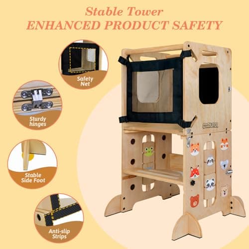 Toddler Tower Foldable, Animal Magnets Learning Kids Kitchen Step Stool, 4-in-1 Toddler Standing Tower with Blackboard, Anti-Tip Safety Feet, Foldable Wooden Helper for Ages 1–4 (CPC Certified) - Thumbnail 4