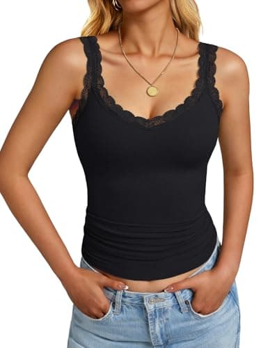 GKBK Lace Camisole Tank Tops for Women Ribbed Sleeveless Tank Tops Cute V Neck Wide Strap Soft Lace Trim Cami Undershirt Spring Clothes 2026 Summer Fashion Outfits Black - Image 1