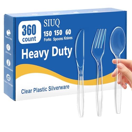 SIUQ 360 Count Heavy Duty Clear Plastic Silverware, 150 Forks, 150 Spoons, 60 Knives, Disposable Plastic Utensils Set, Plastic Cutlery Set, Plasticware Bulk for Parties, Catering, Picnic - Image 1