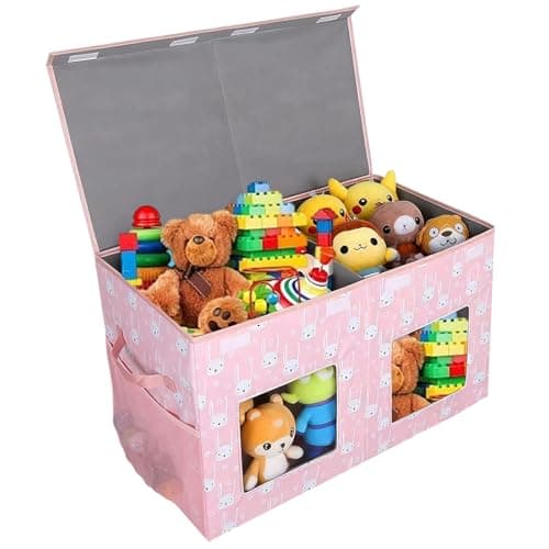 Legestori Large Stackable Storage Bins with Lids, Collapsible Sturdy Storage Organizer Boxes with Clear Window & Handles, Foldable Closet Organizer Baskets for Home (Pink, M) - Image 1