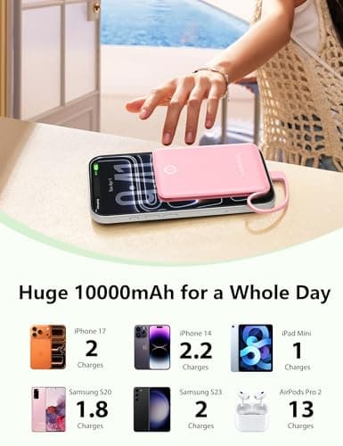 miisso 10000mAh Mini Portable Charger with Built in Cable, Pocket Size Power Bank Travel External Battery Pack for Phone, 3 Output USB Type C Cord Clutch Compatible with iPhone, Samsung, Pink - Thumbnail 3