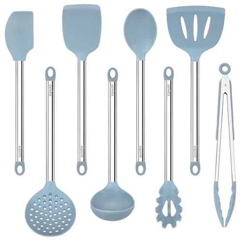 8PCS Kitchen Utensils Set, Vayvnt Heat Resistant Silicone Utensils Set for Cooking, Non Scratch Spatula Spoons for Non Stick Pan, Large Kitchen Cooking Tools, Metal Long Handle&Dishwasher Safe, Blue