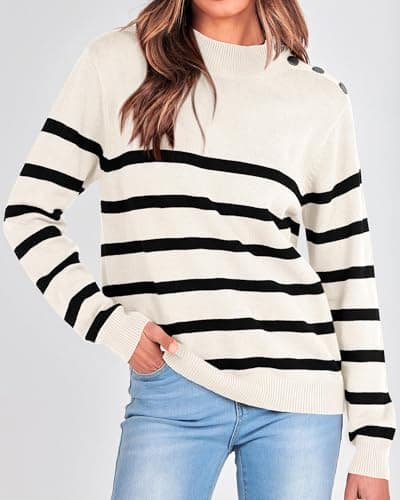 KIRUNDO Fall Sweaters for Women 2026 Striped Turtleneck Ribbed Knit Sweater Trendy Pullover Jumper Winter Fashion Clothing Cream and Black Striped Sweater(Large, White) - Thumbnail 2