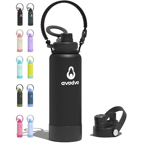 avodvo 40 oz Insulated Water Bottle with 2 Lids (2-in-1 Straw & Spout Lid, Magnetic Lid), Slim Water Bottle with Strap, Stainless Steel Water Bottle for Hiking, Gym, Travel, BPA-Free, Black - Image 1