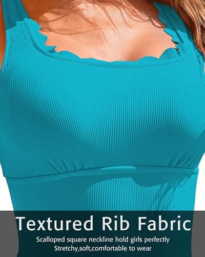 Charmo Square Neck Scalloped One Piece Swimsuit Women Modest Retro Ribbed 1 Piece Bathing Suits Aqua L - Thumbnail 4