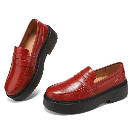 BEAUSEEN Women's Platform Chunky Penny Loafers Comfortable Lug Sole Slip-On Business Work Casual Dressy Shoes Red, 9.5 US - Image 1