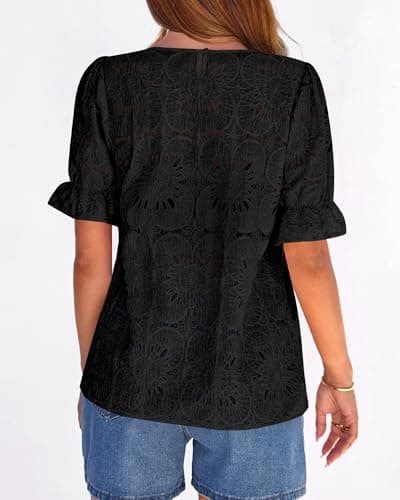 KIRUNDO Lace Tops for Women Blouses Dressy Casual Boho Eyelet Puff Short Sleeve Shirts Spring Summer Clothes Vacation Outfits(Black, Medium) - Thumbnail 4