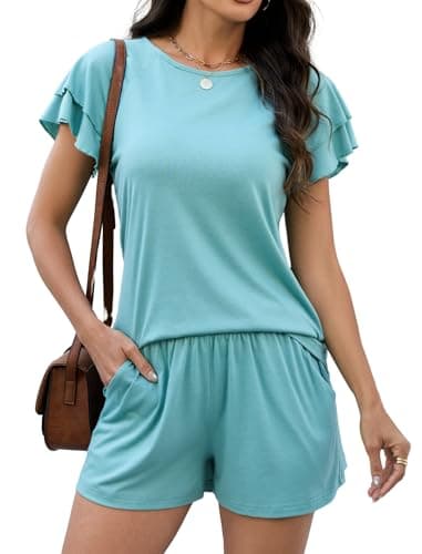 Leikar Womens Ruffle Sleeve Pajama Sets Soft Cotton Blend Pajamas Sets Sleepwear Shorts Lounge Set Sage Green - Image 1