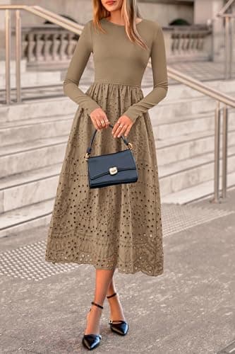 dowerme Women Spring Dresses 2026 Casual Long Sleeve Crewneck A-Line Boho Eyelet Cotton Maxi Wedding Guest Dress Pockets(Khaki,XX-Large) - Thumbnail 3