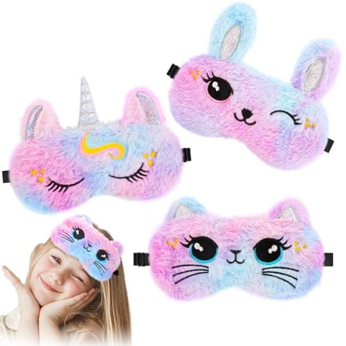 JroyJoy 3 Pcs Cute Animal Kids Sleep Mask, 100% Blackout Eye Masks for Girls, Soft & Comfortable Plush Eye Covers with Adjustable Strap for Sleeping, Travel, Home, Party (Unicorn/Cat/Bunny) - Image 1
