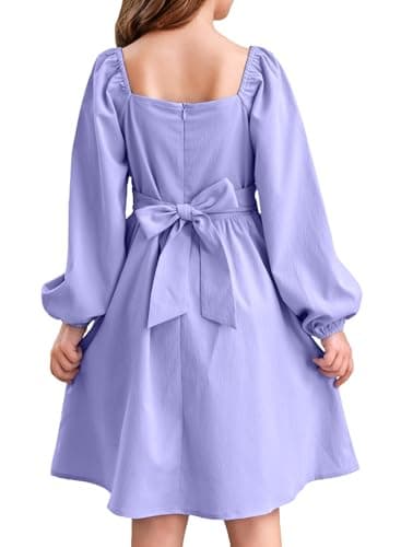 blibean Girls Dresses Solid Puff Long Sleeve Tween Kid Girl Flare Ruffle Wedding Outfits Elegant Semi Formal Party Modest Dress Tie Belted Dressy Zipper Clothes Size 8-9 Years Old Lavender - Image 1