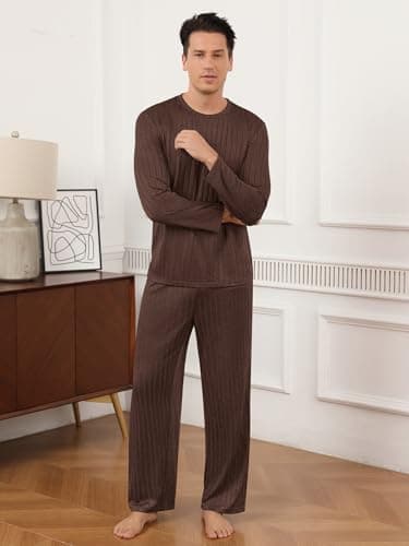 RQP Mens Pajama Set Soft Pijamas Sets for Men Long Sleeve Full Length Pants Pjs Sleepwear,Coffee - Thumbnail 3