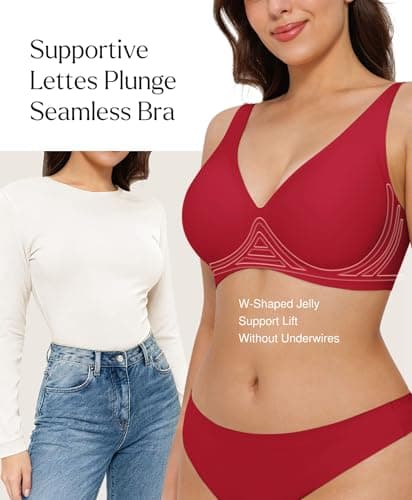 Wireless Bras for Women No Underwire Seamless Push Up Bra with Support and Lift Comfy Bralettes Jelly Deep V Comfortable Tshirt Bra Red XL - Thumbnail 2