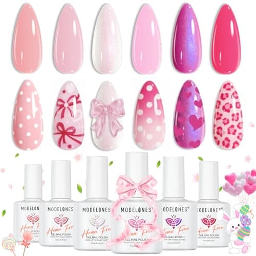 modelones Pink Gel Nail Polish Set,Hema-Free Light Pink White Hot Pink Gel Polish Kit Magenta Purple Shimmer LED 6 Colors 2026 Spring Easter Nail Art Gift Salon DIY Starter Kit