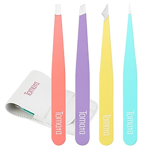 Tomata Tweezers for Eyebrows, Slant Tip and Pointed Eyebrow Tweezer Set Great Precision for Eyebrows Facial Hair, Ingrown Hair, Splinter, Blackhead and Tick Remover (4-piece) (Multi-color) - Image 1
