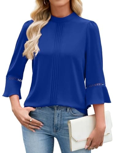 Funlingo 3/4 Length Sleeve Womens Tops Fashion Business Casual Work Blouses Dressy Mock Neck Pleated Shirt for Office Work Royal Blue S - Image 1