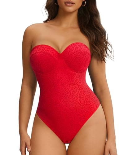 Nebility Shapewear Bodysuit for Women - Lace Thong Bodysuit with Underwire Strapless Body Shaper for Night Out(Red, Large) - Image 1