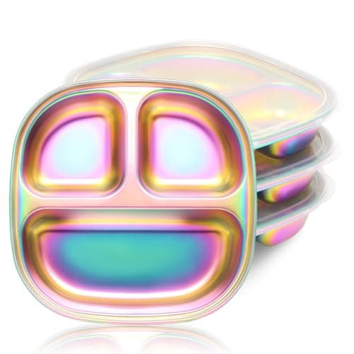 HKYOCEAN Stainless Steel Kids Plates 4-Pack - Toddler Plates Set with Lids & Baby-Safe Tray, Divided Large Capacity Non Toxic Kids Plate, BPA Free & Dishwasher Safe - Image 1