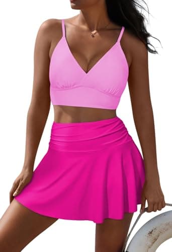 Women High Wasited Bikini Shoulder Strap 2 Piece High Waisted Swimsuits Swim Skirt Bathing Suit Pink L - Image 1