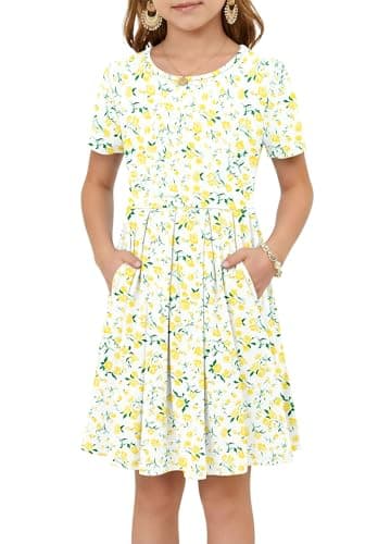 Girls Summer Short Sleeve Dress Kids Casual Crew Neck Pleated Loose A Line Swing Knee Length Cute Dress with Pockets Yellow White Flowers L - Image 1