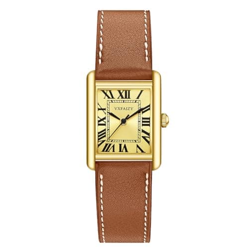VXFAIZY Rectangular Watch for Women with Vintage Roman Number and Leather Strap (Gold Brown) - Image 1