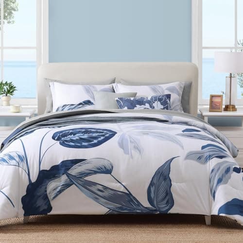 WRENSONGE Queen Comforter Set- 7 Pieces Blue Tropical Leaves Soft Bedding Sets, Coastal Bed in a Bag, Botanical Printed Comforter with Sheets for All Season - Image 1