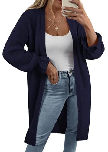 KIRUNDO Long Cardigan Sweaters for Women 2026 Spring Casual Oversized Ruffle Long Sleeve Open Front Chunky Knit Sweater Coats(Navy Blue, Small) - Image 1