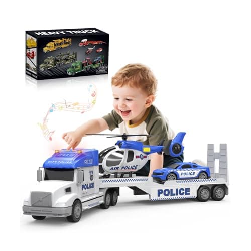 Toddler Toys for 3 4 5 6 Year Old Boys - 27" Large Police Semi Truck Toy with Racing Car and Helicopter, 3-in-1 Friction Powered Transport Vehicle with Lights Sounds, Christmas Birthday Gifts for Boys